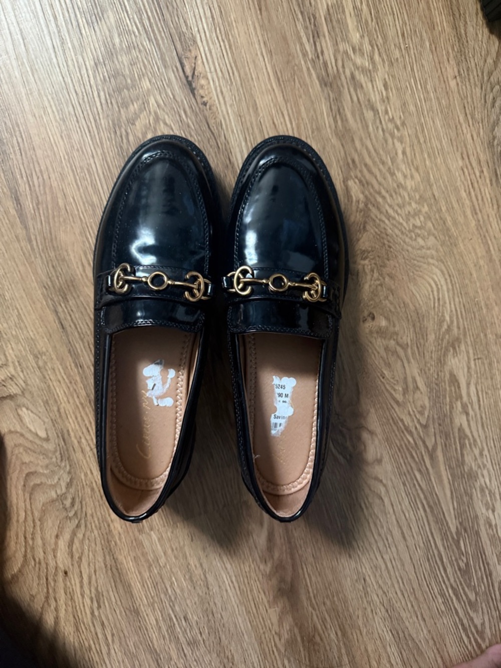 Black Patent Loafers with Gold Horsebit